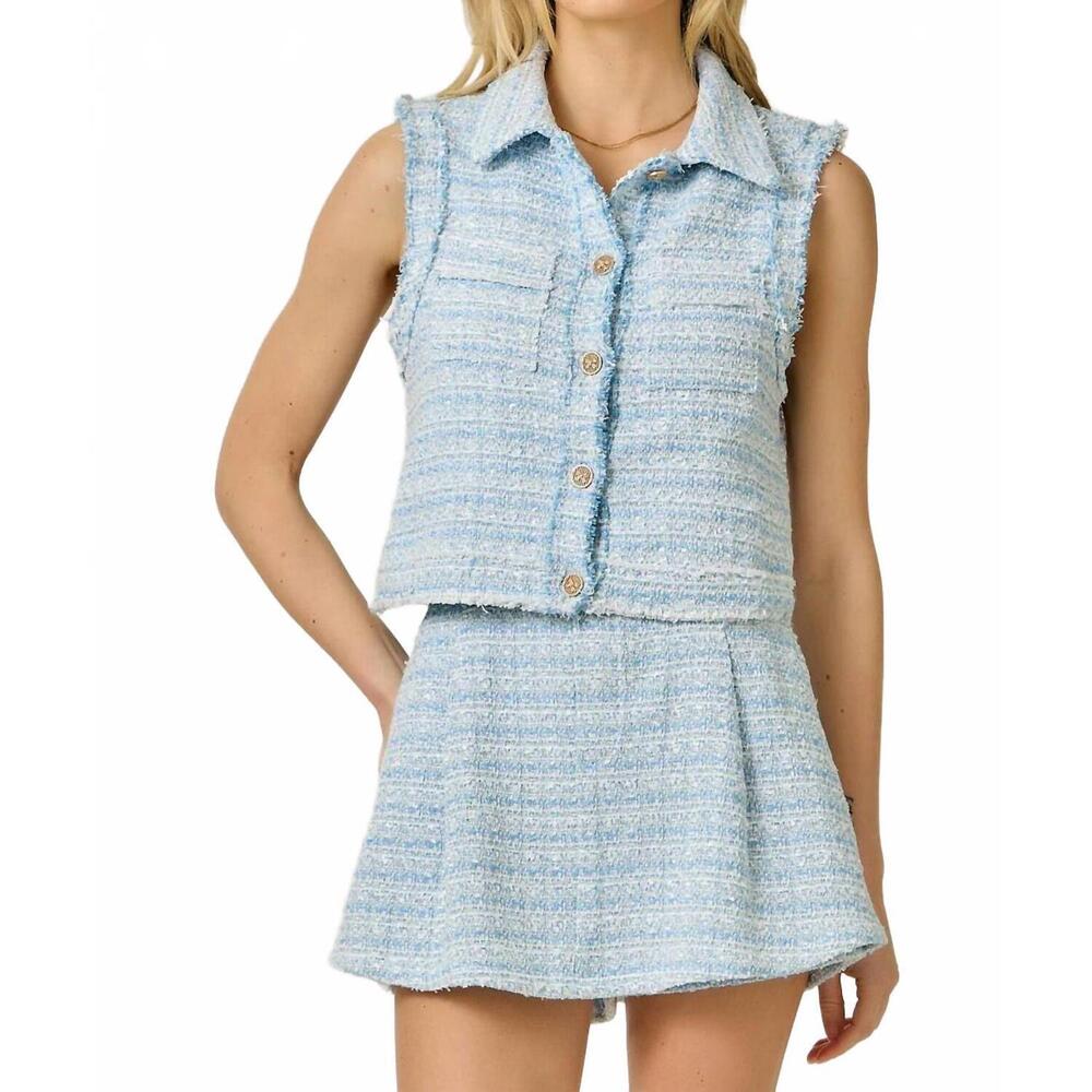 NEW MYSTREE spring fringe tweed buttoned vest and skort set in blue